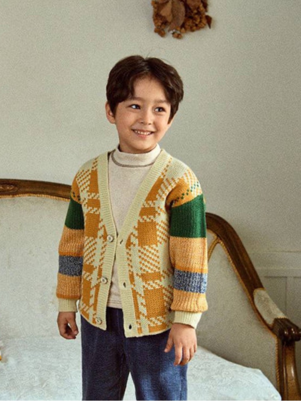Colorblock Plaid Knit Cardigan - Yellow, Green, Gray